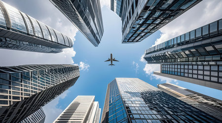 low angle view of skyscrapers and airplane flying in blue skyの素材