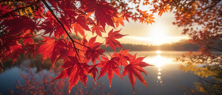 Autumn maple leaves on the lake with reflection of the sun.の素材