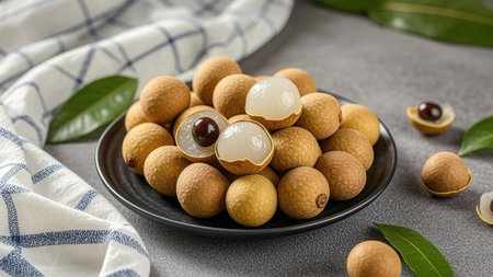 Fresh longan fruit in a bowl on gray background, close upの素材