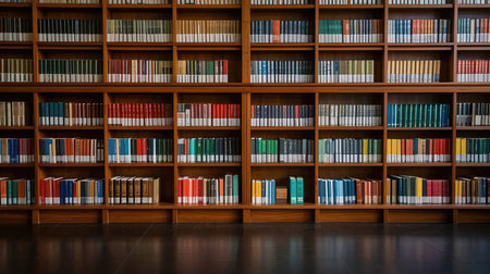Bookshelf with many books in a library. Education concept.の素材