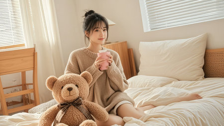 beautiful asian woman holding cup of coffee and teddy bear on bed at homeの素材