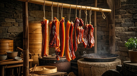 Smoked sausages hanging on a rope in a butcher shopの素材