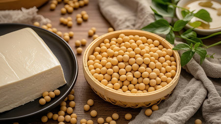 Soybeans and tofu in a bowl on a wooden background.の素材