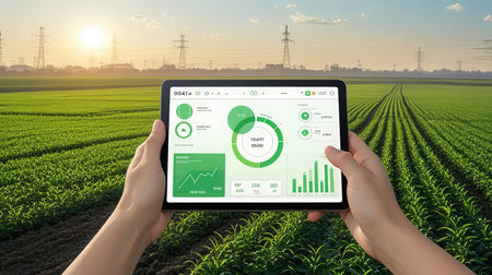 Smart agriculture concept: hands holding tablet with agricultural data on the screenの素材