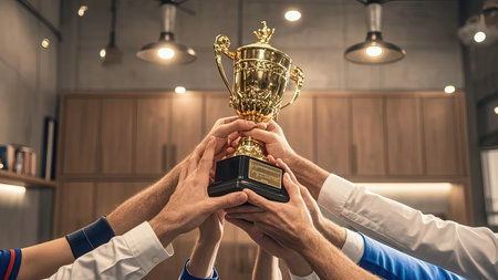 cropped shot of friends holding golden trophy cup in kitchen at homeの素材