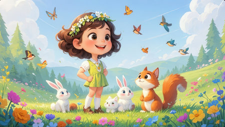 Cartoon girl with cute animals in the meadow - illustration for childrenの素材