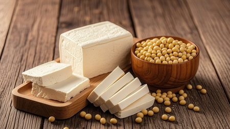 Soybeans and tofu on wooden background. Healthy food concept.の素材