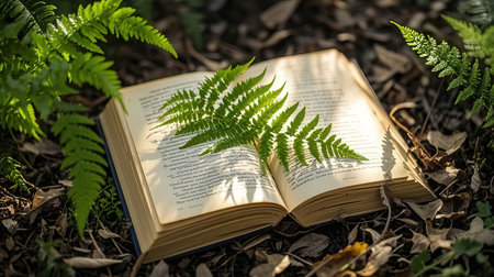 Open book with fern leaves on the ground in the forest.の素材