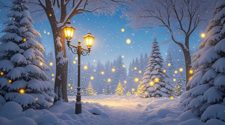 Winter landscape with a street lamp and trees covered with snow at nightの素材