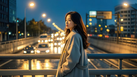 Beautiful asian woman walking in the city at night with the lightsの素材