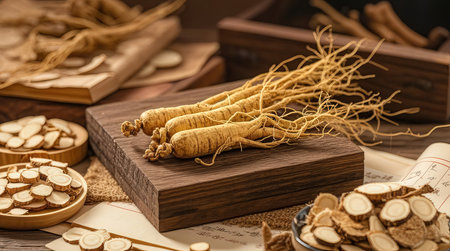 Ginseng root and ginseng on wooden background, close upの素材