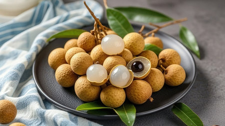 Fresh longan fruit on black plate with green leaves on dark backgroundの素材