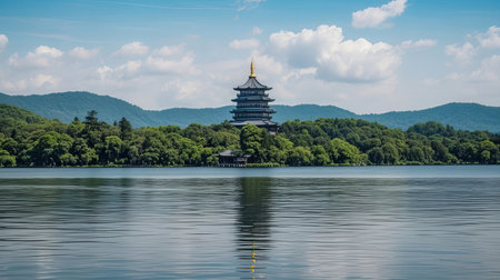West Lake in Hangzhou, China. Hangzhou is the largest city in China.の素材