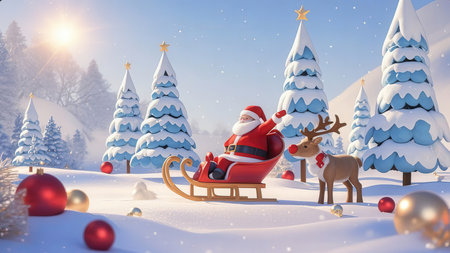 Santa Claus rides on a sleigh in the winter forest. 3d renderingの素材