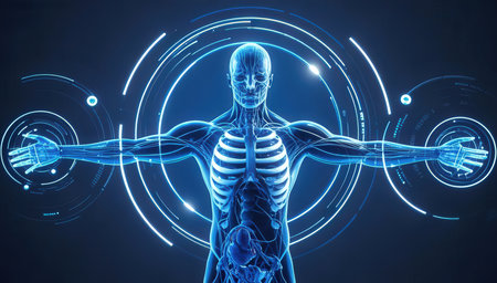 science anatomy scan of human body with glow light on dark blue backgroundの素材