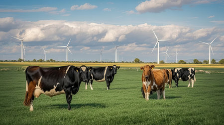 Herd of cows grazing in a meadow and wind turbines in the backgroundの素材
