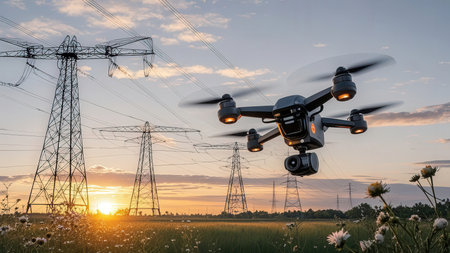 Drone quadcopter with digital camera flying over high voltage power line at sunsetの素材