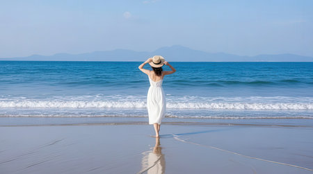 Beautiful woman in white dress and hat standing on the beach and looking at the seaの素材