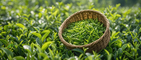 Green tea leaves in wicker basket on tea plantation, Thailand.の素材