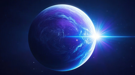Sunrise in space with blue planet and stars. 3D renderingの素材