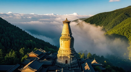 Buddhist pagoda in the mountains at sunset, chinaの素材
