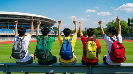 Back view of group of asian students with backpacks on the stadiumの素材