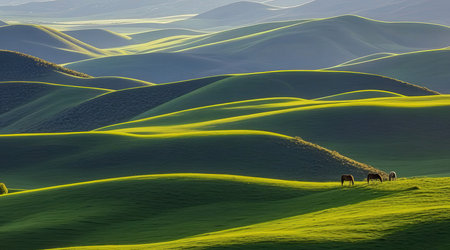 Horses grazing on the green hills in Tuscany, Italyの素材