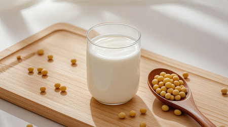 Glass of soy milk and soybean on a wooden board. Healthy drink.の素材