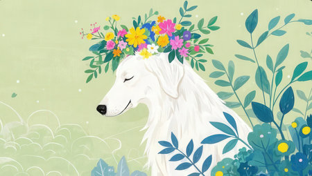 White dog with a wreath of flowers on his head. Vector illustration.の素材