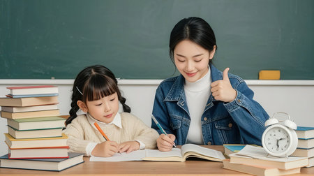 happy asian mother teaching her daughter to write in the classroom at schoolの素材
