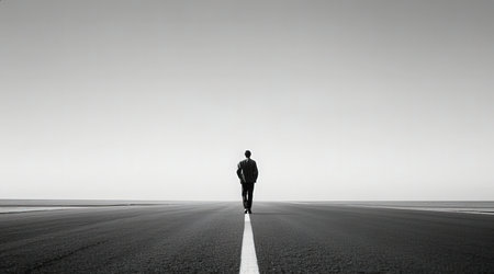 Businessman walking on road to success. Mixed media. Mixed mediaの素材