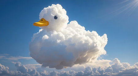 White fluffy cloud with yellow duck on blue sky background. 3d renderingの素材