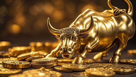 Gold bull statue with golden coins on bokeh background, stock market conceptの素材