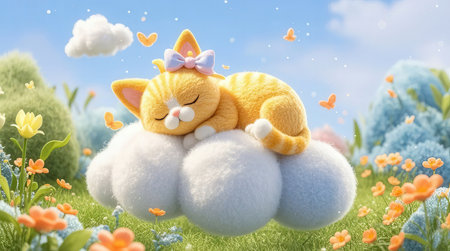 Cute cat sleeping on a cloud in the grass. 3d renderingの素材