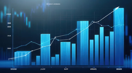 financial chart on blue background. 3d rendering toned image double exposureの素材