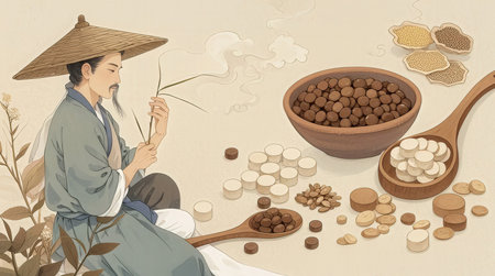 Illustration of a Japanese man in a traditional costume, with a wooden spoon and a bowl of coffee beansの素材