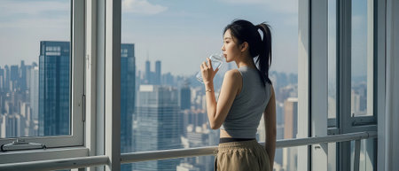 Young Asian woman drinking water from a glass while standing by the window at homeの素材