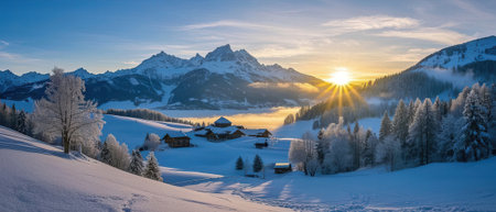 Panorama of winter alpine village in the Swiss Alps at sunsetの素材