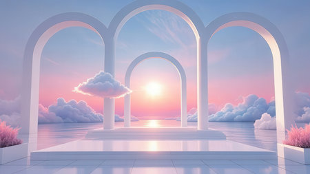 3d render of fantasy portal with sky and clouds. Sunset backgroundの素材