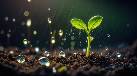 Green seedling illustrating concept of new life with raindrops on itの素材