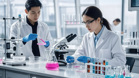 scientists with test tubes and microscope working in laboratory, science conceptの素材