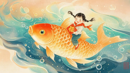 Chinese New Year - year of the goldfish. Chinese characters mean Happy New Year.の素材