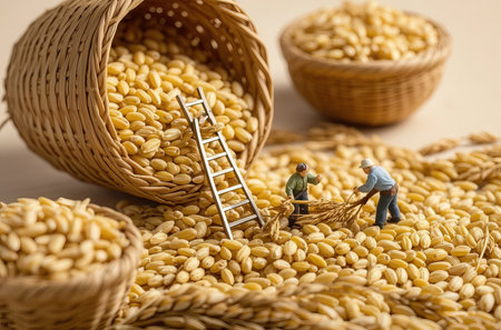 Miniature people : Farmer working on wheat seed in basket and ladderの素材