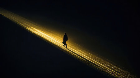 Silhouette of a man walking on a road with a light beamの素材