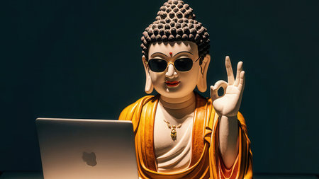 Buddha statue with laptop computer and showing ok hand sign.の素材