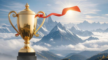 Golden trophy with red ribbon against high mountain peak in clouds 3D renderingの素材
