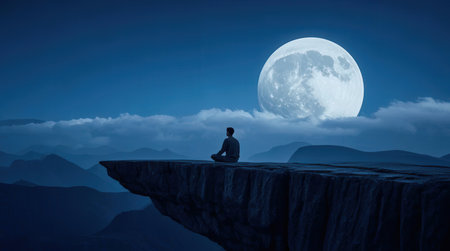 Man meditating on top of a mountain with full moon in the backgroundの素材