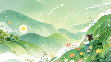 Illustration of a little girl on a green hill with flowers and butterfliesの素材