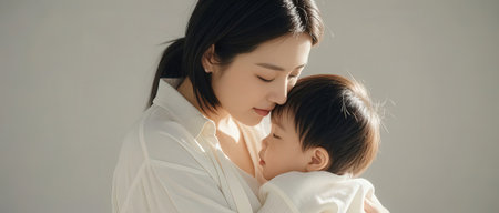 happy asian family mother and child daughter hugging and kissing on white backgroundの素材