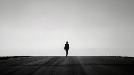 Silhouette of a man walking on the road in the fogの素材